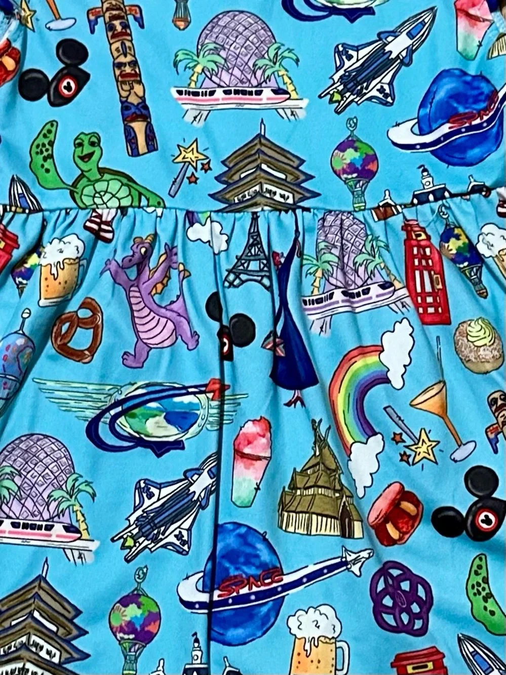 Blue Flutter Sleeve Epcot Print Dress
